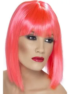 Neon Roze Schouderlange Glam Pruik