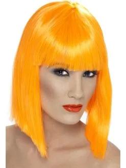 Neon Oranje Schouderlange Glam Pruik