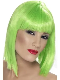 Neon Groene Schouderlange Glam Pruik